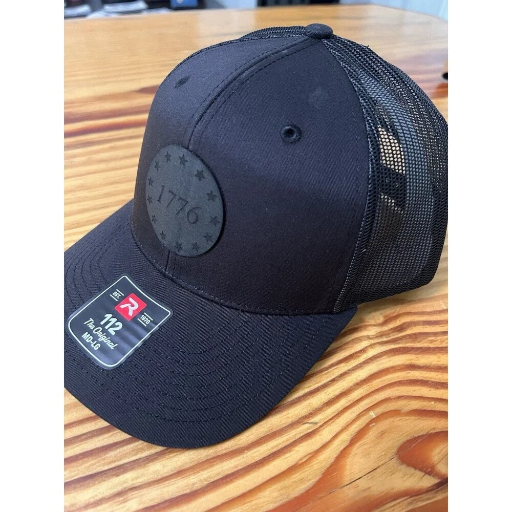 1776 Leather Patch Hat Richardson 112 All Black Size MD-LG NWT America 250 Cap